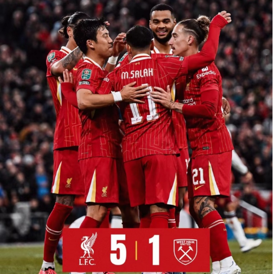 联赛杯-利物浦5-1西汉姆晋级 萨拉赫破门若塔加克波双响 联赛杯-利物浦5-1西汉姆晋级 萨拉赫破门若塔加克波双响