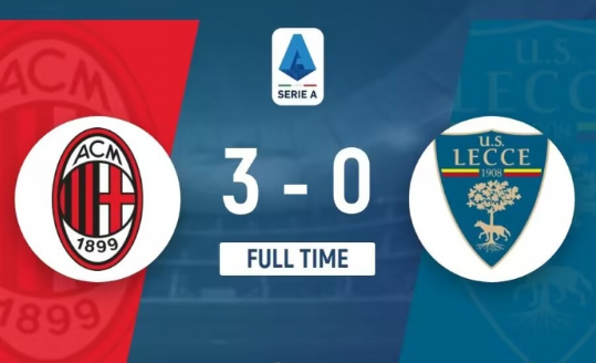 意甲-米兰3-0莱切3连胜+先赛积分平榜首!特奥传射巴特萨基直红 意甲-米兰3-0莱切3连胜+先赛积分平榜首!特奥传射巴特萨基直红