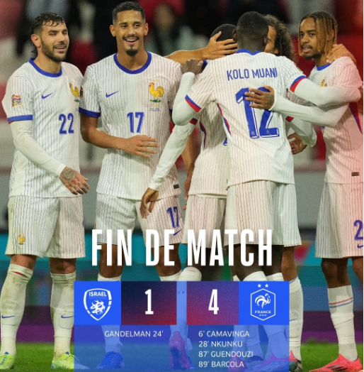欧国联-法国4-1以色列收获两连胜 卡马文加恩昆库破门贡多齐传射