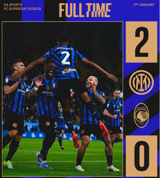 国米2-0亚特兰大连续4年进意超杯决赛 邓弗里斯倒钩+爆杆世界波 国米2-0亚特兰大连续4年进意超杯决赛 邓弗里斯倒钩+爆杆世界波